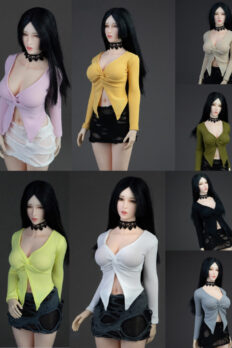 1/6 Scale Irregular Twist-Front Open-Collar Shirt & Bodycon Distressed Skirt Set