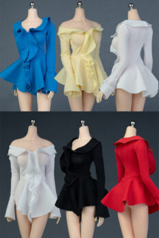 1/6 Scale Female Figure Ruffled Bell-Sleeve Dress V-Neck Formal Gown